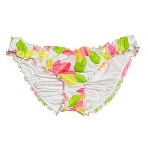 Victoria's Secret Bikini Bottom Womens Medium White Neon Floral Ruffle Ruched